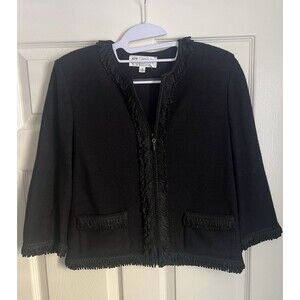St John Collection Marie Gray Crop Fringe Cardigan Blazer zip Sweater Sz 6 Black